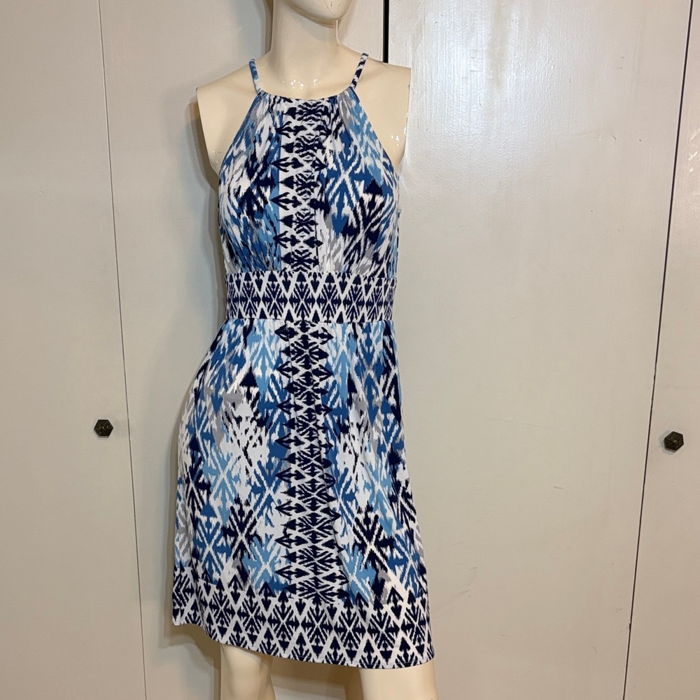 London Times Blue and White Batik Halter Mini Dress Sz 6